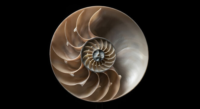 Cross section of Nautilus shell showing spiral chambers macro