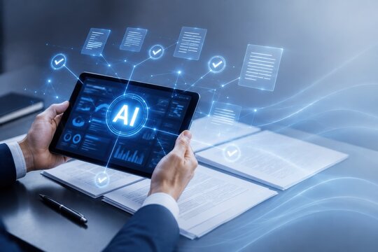 AI Compliance Audit on Tablet with Digital Document Review Network