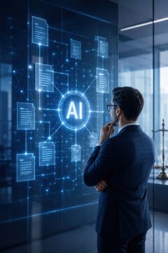 Compliance Analyst Viewing AI Governance Network on Glass Screen