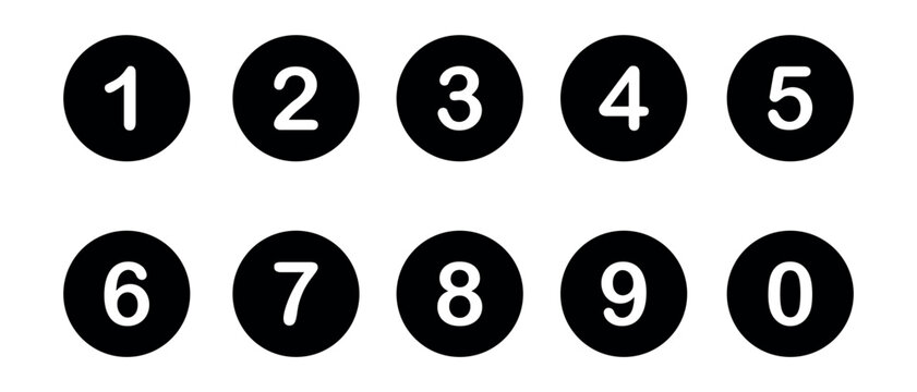 Number icon set from zero to nine featuring circular filled black styles for lists, steps, counting, and numerical ordering.