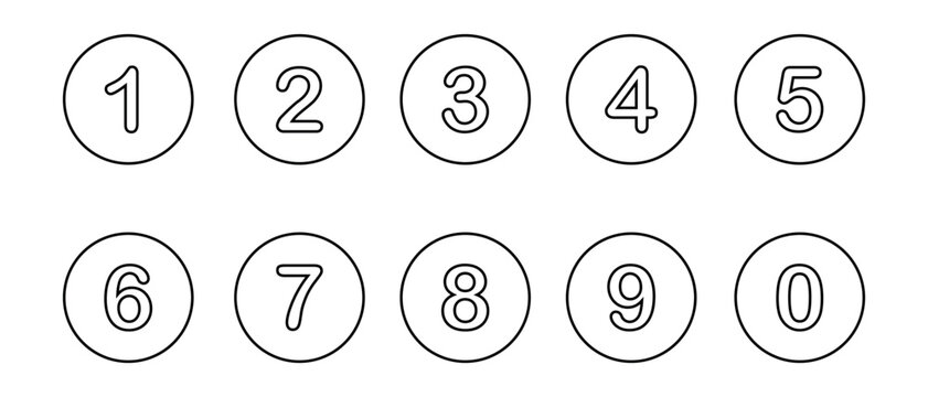 Number icon set from zero to nine featuring circular outline line styles for lists, steps, counting, and numerical ordering.