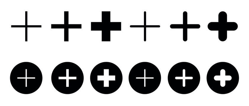 Plus add icon set featuring cross symbols in various line weights, rounded edges, and circular filled backgrounds for user interfaces.