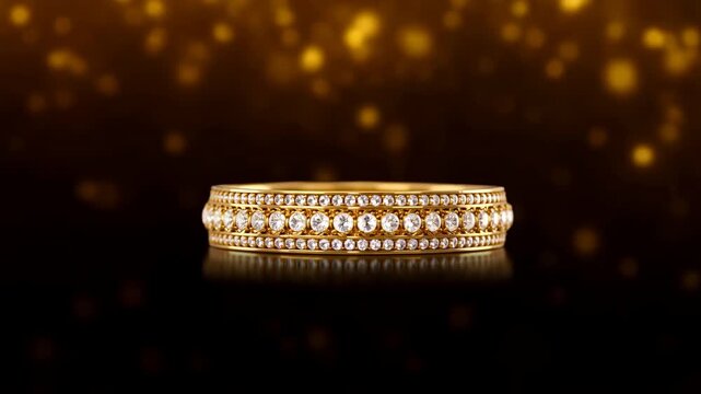 Elegant gold eternity ring with round-cut diamonds, ornate milgrain detailing, and polished metal resting on reflective surface with warm blurred lights and refined luxury presentation