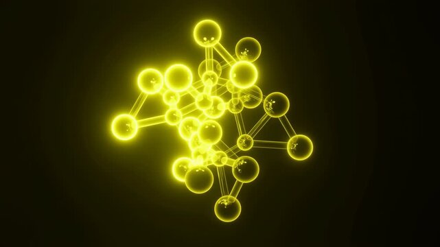 Glowing yellow molecular network with transparent spheres, slender bonds, dense central cluster, neon halo, and deep dark contrast for futuristic science concept