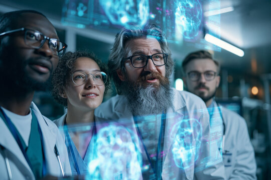 Medical Scientists Analyzing Brain Scan on Holographic Screen