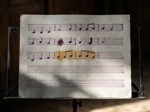 Practice score sheet music on stand with handwritten notes