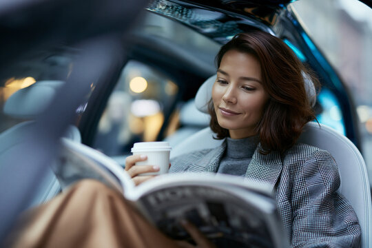 Businesswoman Reading Magazine with Coffee in Luxury Car