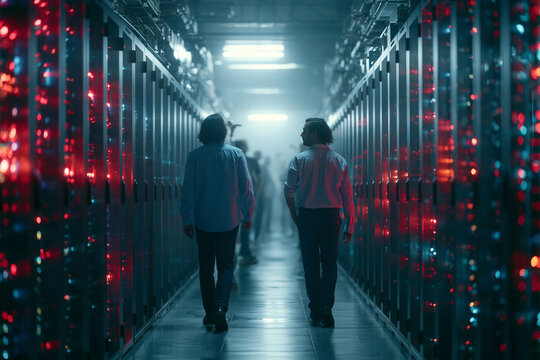 IT Engineers Walking Through Data Center Server Room Corridor