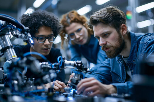 Engineers Working Together on Robotic Arm in Technology Laboratory