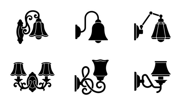 Set of 6 Black Wall Sconce Icons, Vintage and Modern Lighting Fixtures, Decorative Wall Lamps for Interior Design and Home Decor