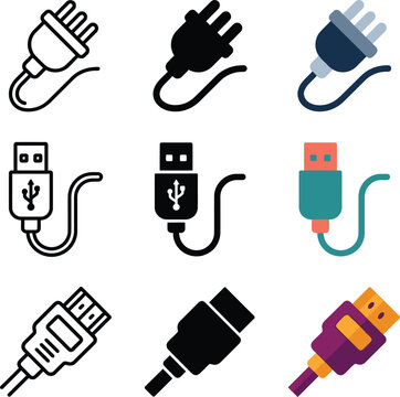 Set of different types of electronic cables and plugs isolated