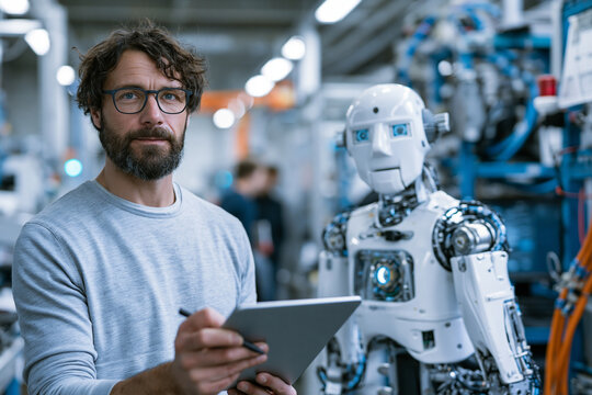 Engineer with Digital Tablet Standing Beside Humanoid Robot in Factory