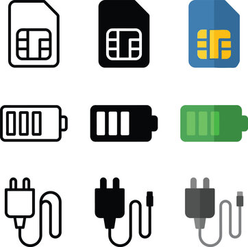 Set of icons showing SIM card battery and charger variations isolated