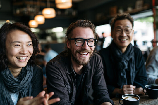 Diverse Happy Friends Laughing Together at Coffee Shop