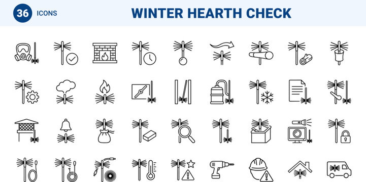 Chimney Sweep Brush Pre Winter Chimney Check Web Icon Set in Linear Style. Collection of Flue Maintenance line icons, including inspection, sweep, heating, hearth, safety, airflow.
