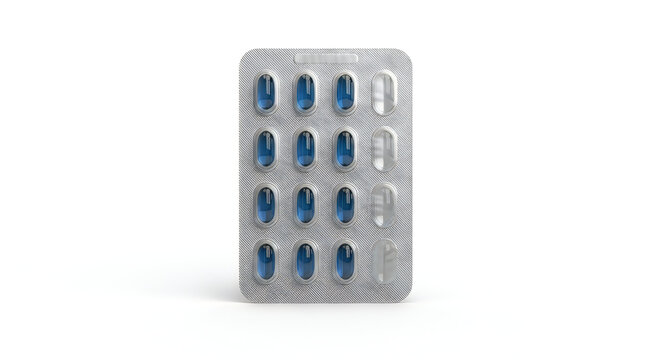 A blister pack of blue capsules on a white background