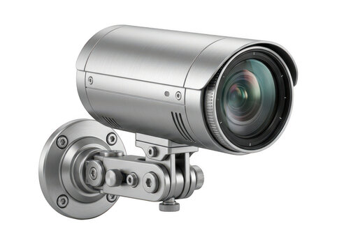 Modern silver security surveillance camera mounted on a wall