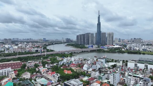 Landmark 81 and Saigon River in aerial view of Ho Chi Minh City