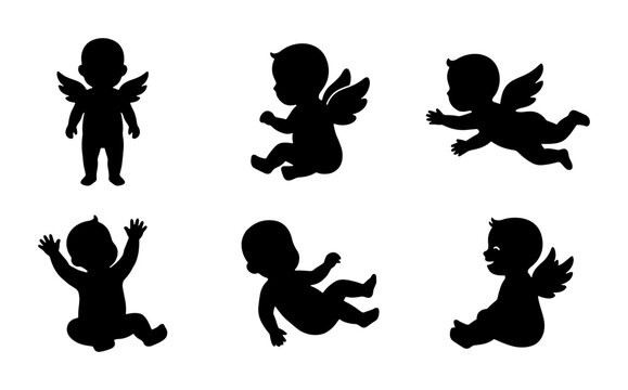 Cherub Silhouettes, Baby Angels Vector Icons Set. Cute Infant Figures, Winged Putti, Newborn Poses for Design. Black and White Graphic Elements.