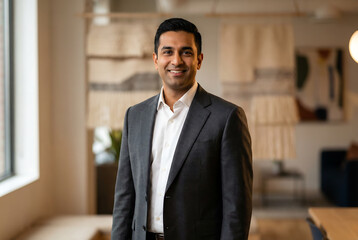 Fototapeta premium Confident Indian businessman smiling in modern office setting with warm natural light and suit
