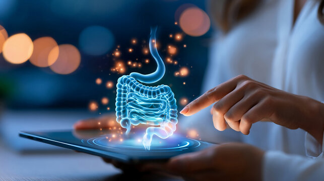 Interactive digital display of human digestive system with touch technology at night