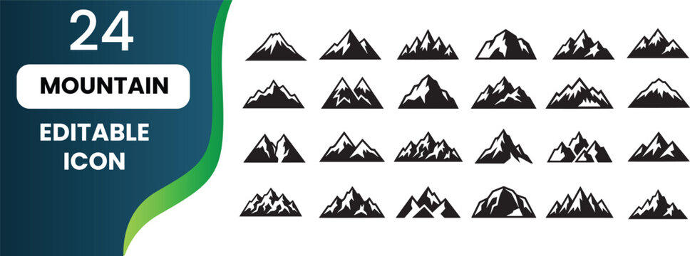 Set of minimalist mountain icons and peak symbols in flat black and white vector design for branding and graphic projects