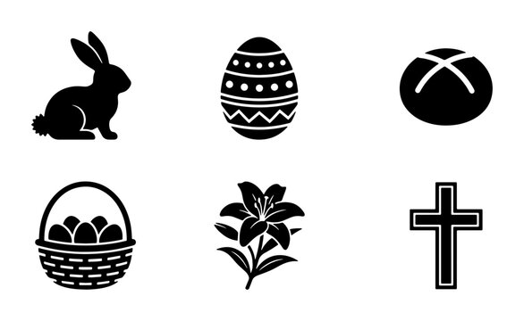 Easter Icons Set: Black Silhouette Graphics of Bunny, Egg, Bread, Basket, Lily Flower, and Cross for Spring Holiday Design
