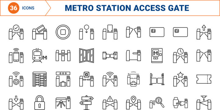 Metro Gate Fare Entry Web Icon Set in Linear Style. Collection of Transit Access line icons, including turnstile, fare barrier, scanning, transit card, station gate, commuter access.