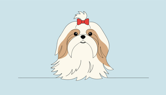 Cute shih tzu puppy character with long white hair and a red hair bow sits calmly on a light blue background.
