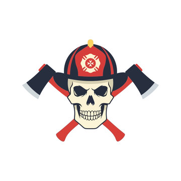 Skull wearing firefighter helmet with crossed axes behind it