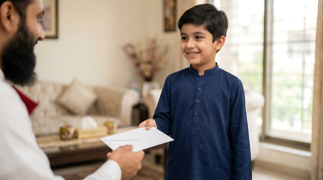 Smiling South Asian boy receiving white envelope gift from father in living room warm natural light eidi tradition