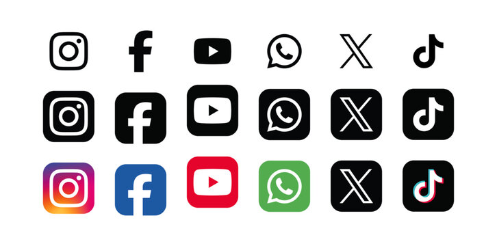 Social media official brand asset  pack. Round square icons. Tiktok, whatsup, facebook, X, youtube, instagram logos.