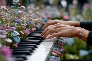 Fototapeta premium Hands playing piano surrounded by colorful flowers in a vibrant outdoor setting