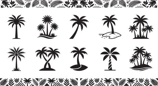 Minimalist black and white palm trees and tropical foliage silhouette vector illustration for coastal graphic design