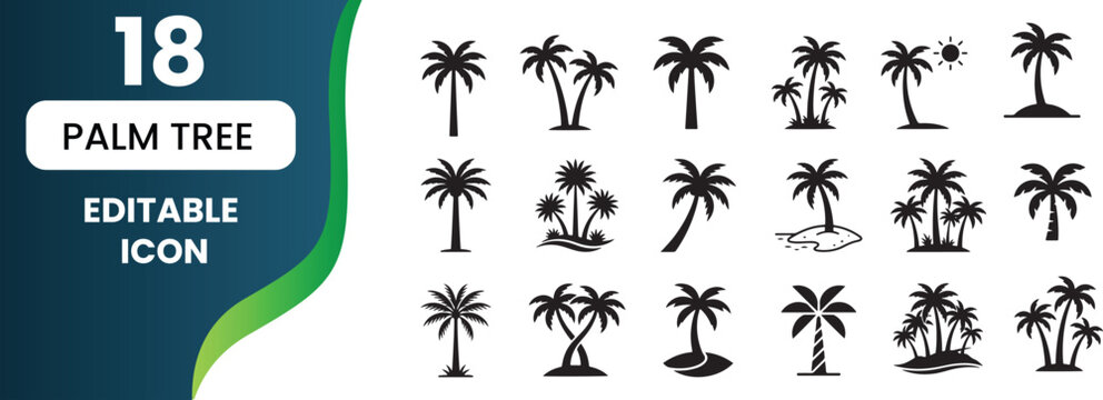 Minimalist palm tree icons set featuring tropical nature symbols in a flat black and white silhouette grid layout for summer travel and graphic design projects