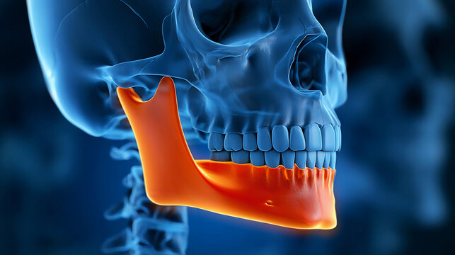 Image shows a detailed view of a human skull focusing on the jawbone highlighting its structure and position in the head