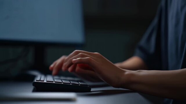 Close-up hands typing on slim keyboard in dim modern workspace, showing focused input, soft shadows, cool tones, shallow depth, and clean professional desk setup