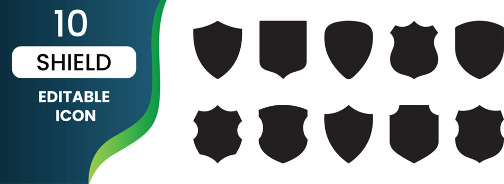 Set of minimalist black shield icons and security shapes for graphic design and branding