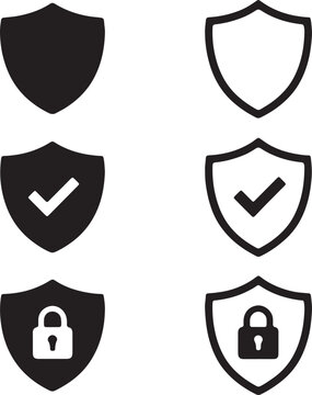 Set of minimalist black and white shield icons with check mark and padlock symbols for data protection and cybersecurity interface design
