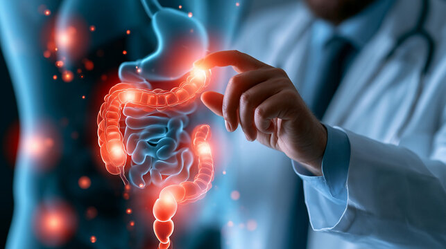 Doctor examines human digestive system with glowing effects in a clinical setting