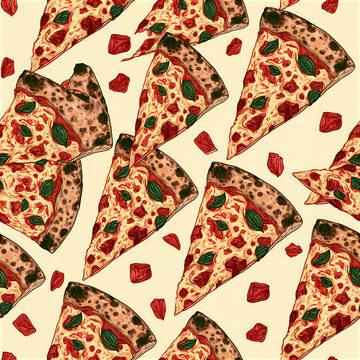 Colorful pizza slice pattern with tomatoes and herbs