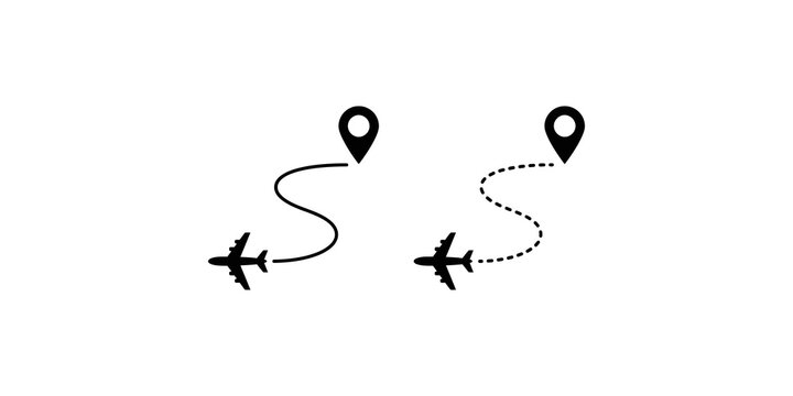 Black airplane path icons with destination pin markers for flight travel routes.