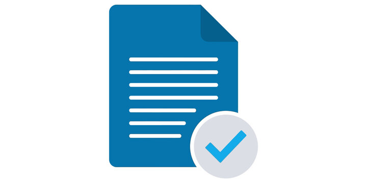 blue document icon with white checkmark badge representing completed task or approved file.