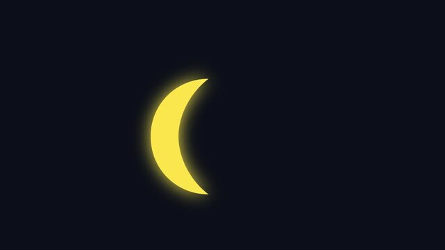 Glowing yellow crescent moon animation on dark 4k background, celestial night