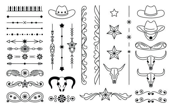 Old Western Decorative Line Dividers Vector with Vintage Ornamental Borders and Rustic Cowboy Motifs for Branding, Menus, Posters, Invitations, Labels, Packaging, and Typography