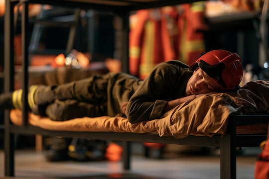 Firefighter resting on a bunk bed at the fire station after a long shift