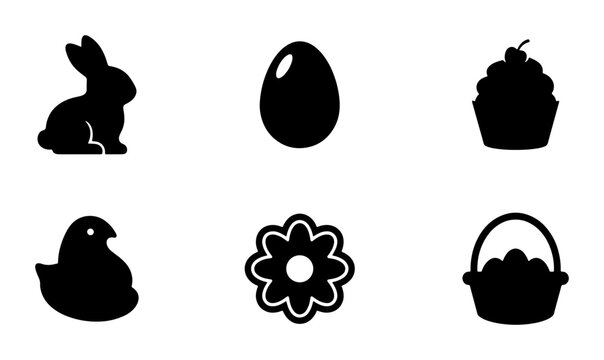Easter Icons Set, Vector Graphics, Spring Celebration Symbols, Holiday Design Elements, Black and White Silhouettes