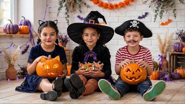 Children pose in Halloween costumes with carved pumpkins