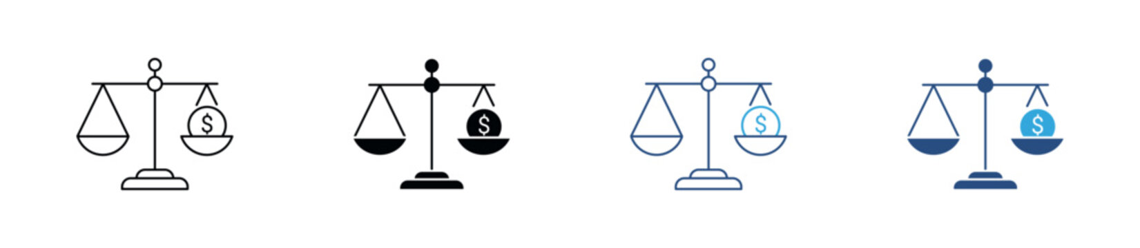 Financial Balance Scale Icon Set. Money Scale, Dollar Coin, Cost Benefit, Financial Stability and Business Law Symbols. Vector Illustration.