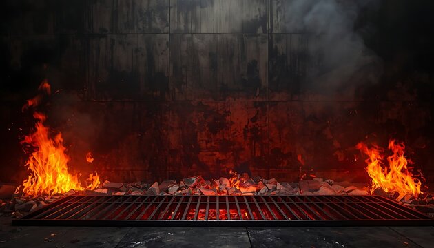 Intense fire and smoke over broken concrete in dark industrial interior.
